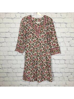 Anokhi Ivory Floral Block Print Kaftan Tunic Dress Size S Cotton